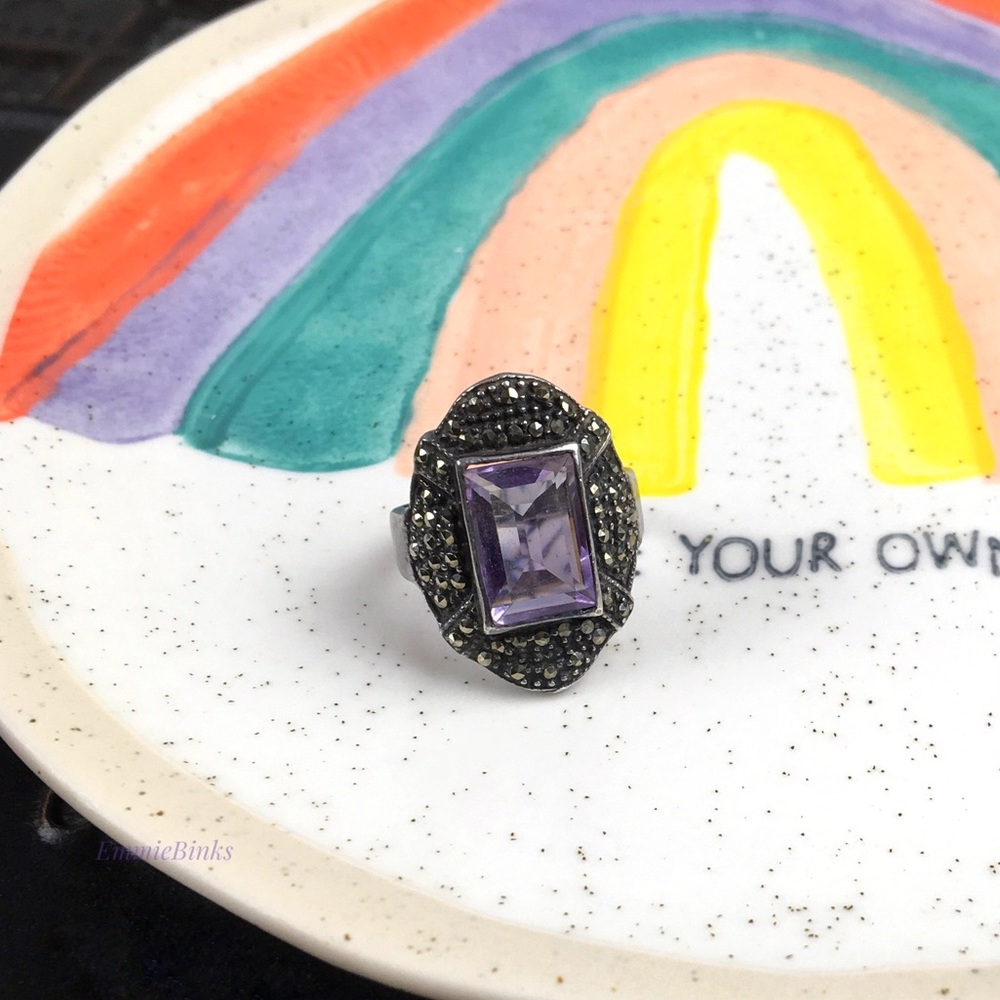 Vtg Sterling Silver Fine Marcasite Amethyst Ring ~ Vintage Cocktail Statement